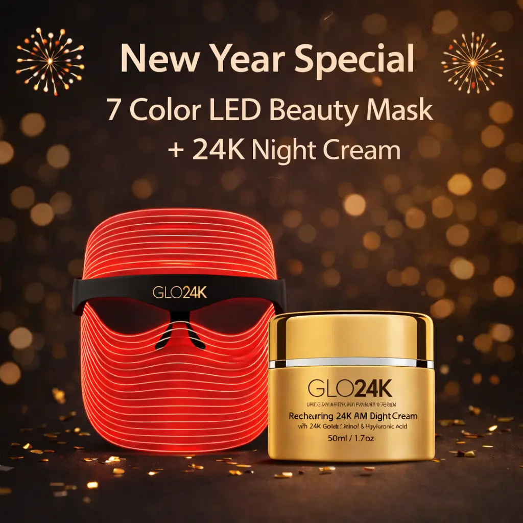 GLO24K 7 Color LED Beauty Mask & 24K PM Night Cream for Flawless Glowing Radiant Skin Care