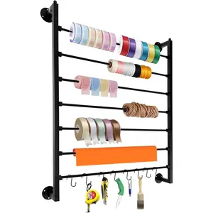 Ribbon Organizer 7 Tier Wall Mounted Ribbon Rack for Wrapping Paper Scarf Tie Belt, Ribbon for Craft Room Flower Store Scarf Belt-with-Black