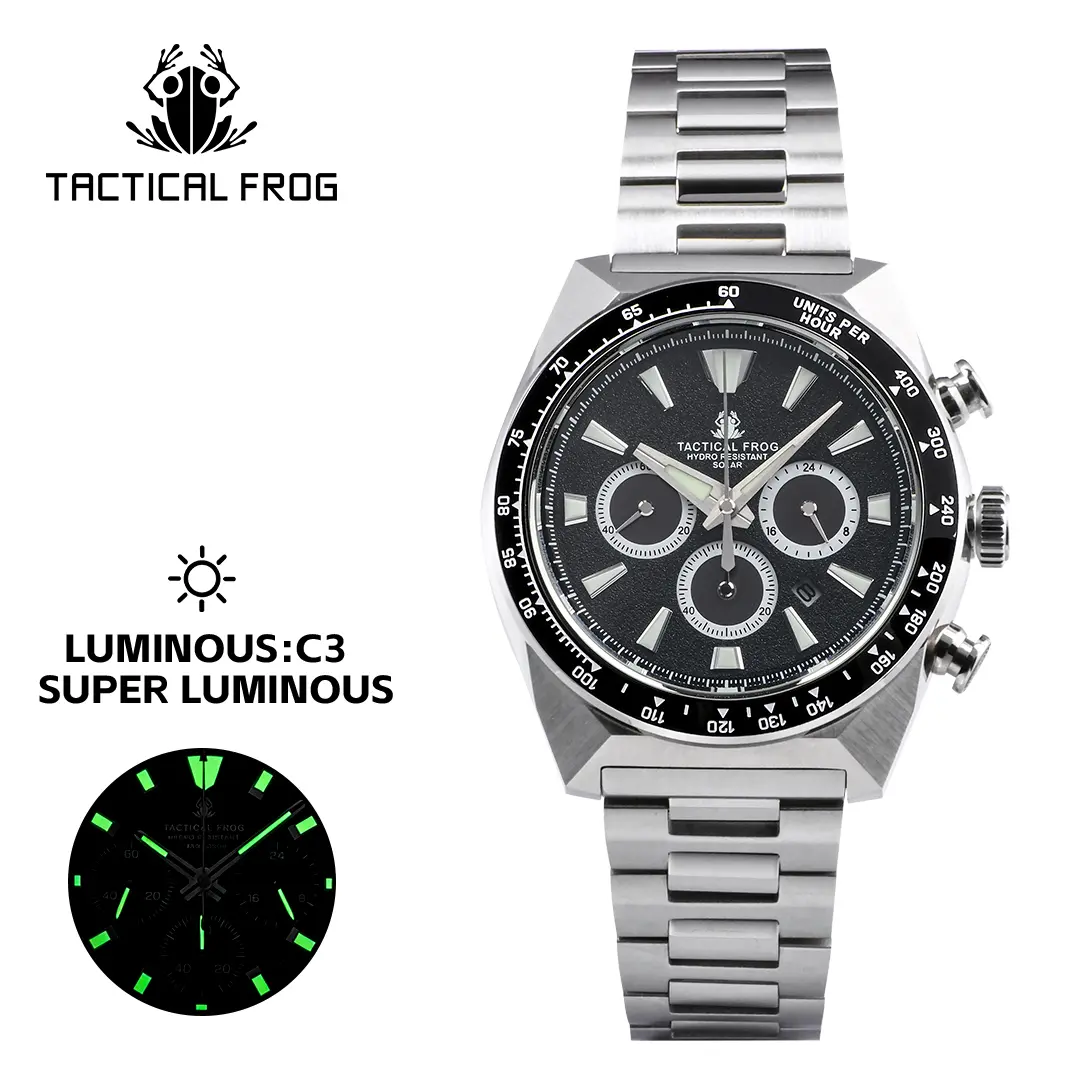 TACTICAL FROG Men's Panda Solar Chronograph - 40mm Modern Waterproof Stainless Steel Wristwatch with a Round Face & Sapphire Crystal, Modern Waterproof Watch, Tactical Sport Watch, Swimming Safe, Analog Display, Steel Strap