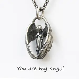Vintage Silver Guardian Angel Wings Pendant Cute Little Boy Prayer Necklace Men and Women Fashion Amulet Jewelry Birthday Gift