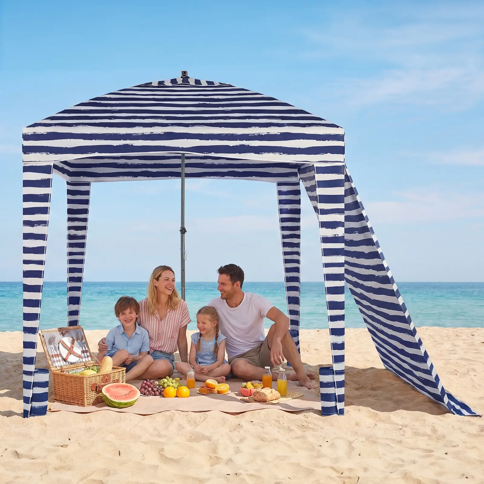 6' x 6' Beach Cabanas for Sand, Beach Canopy with Sandbags & Side Wall for Family, Easy Set Up Sun Shelter,  with Roof Vent
