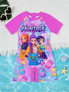 Girls Kpop Korean Style Jumpsuit, Cute Cartoon Print Short Sleeve Quick-Dry Swimsuit, Swimwear Bathing Suit, Children Beach Sea Vacation Swimming Clothes