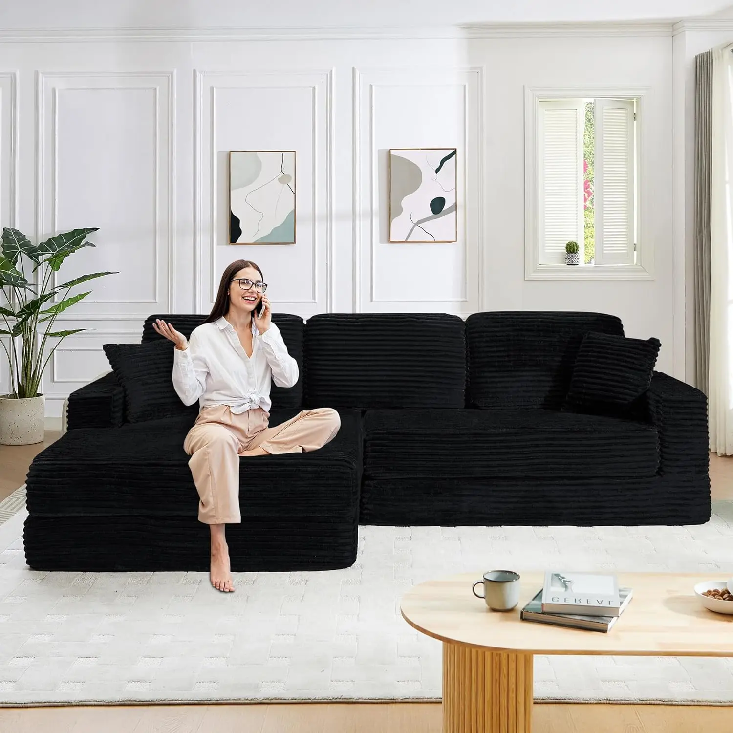 110" L Shaped Cloud Sofa Couch, Oversized Comfy Corduroy Sleeper Sofa Couch Bed with Deep Seat, Convertible Sectional Couches Bed for Living Room, No Assembly Required, Left Facing Chaise, Black