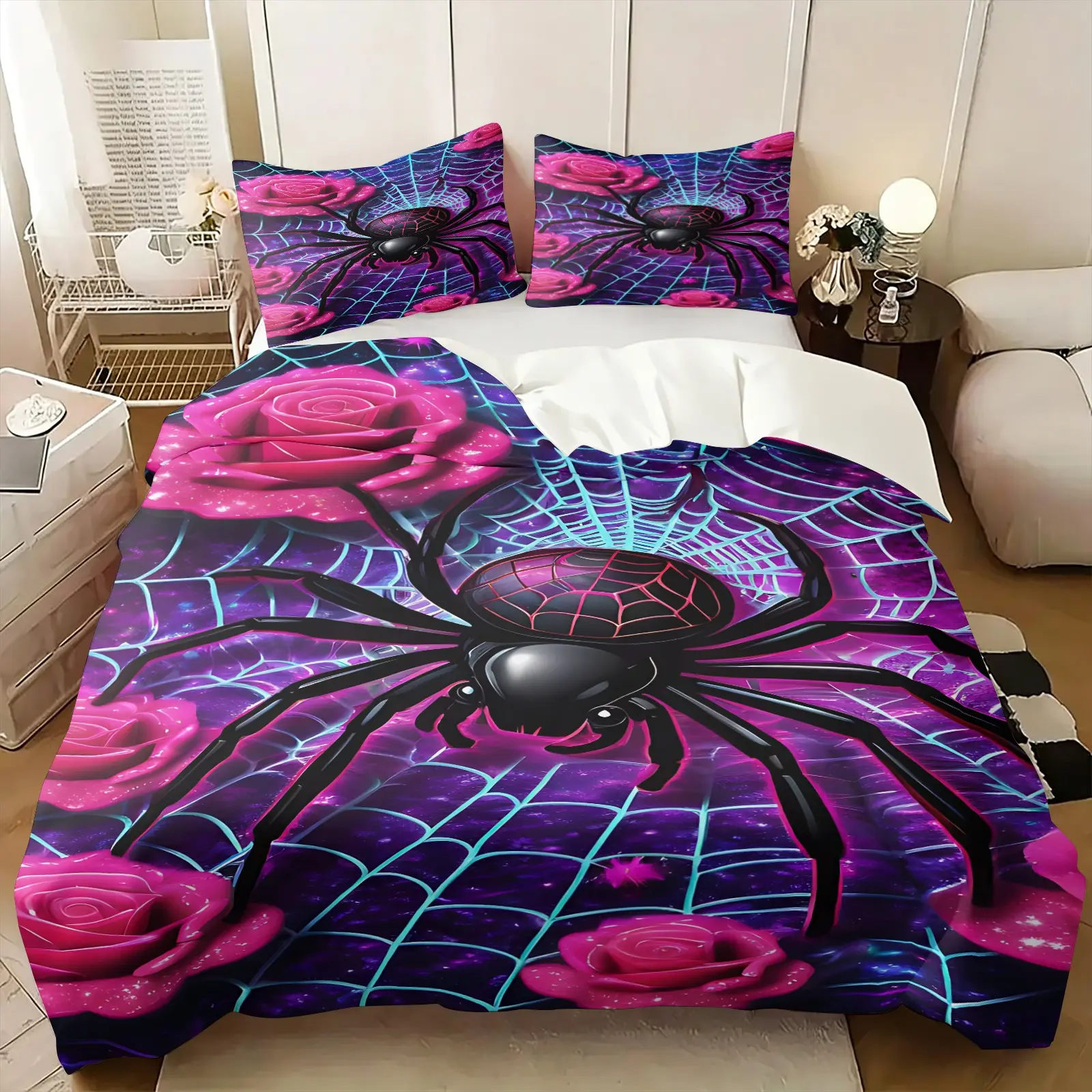 2/3pcs Cool Spider Print Duvet Cover Set, Skin-Friendly and Breathable Bedding Set, Cyberpunk Style Removable Duvet Cover and Pillowcase, The Perfect Choice for Girls' And Boys' Bedroom Decor, Suitable for All Seasons, Multiple Sizes,No Filling