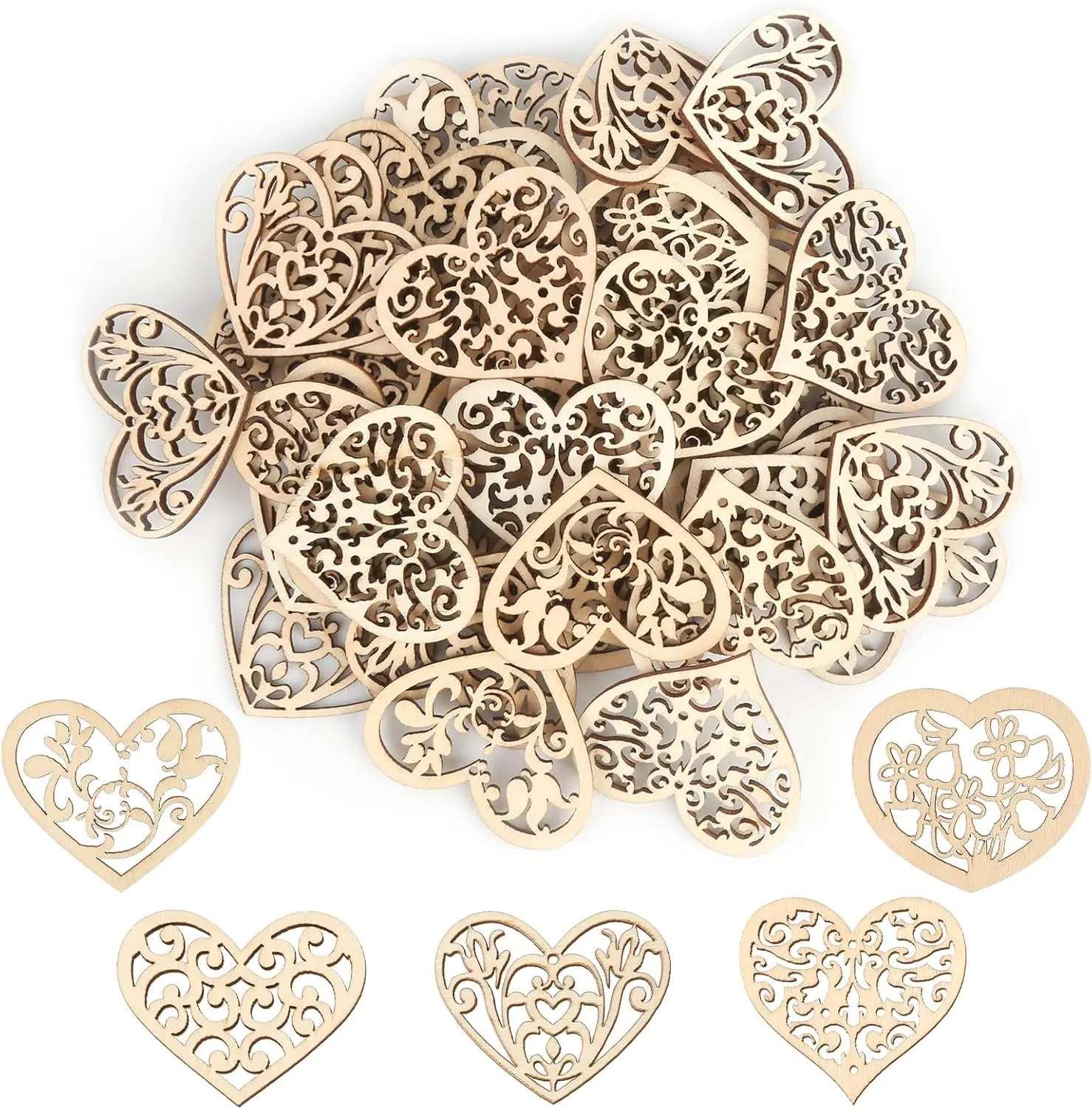 100 pieces of wooden heart-shaped decorative pieces, retro hollow carved wooden hearts, suitable for handmade production, painting and dyeing, scrapbook, multifunctional blank heart-shaped pieces, suitable for DIY art&card making
