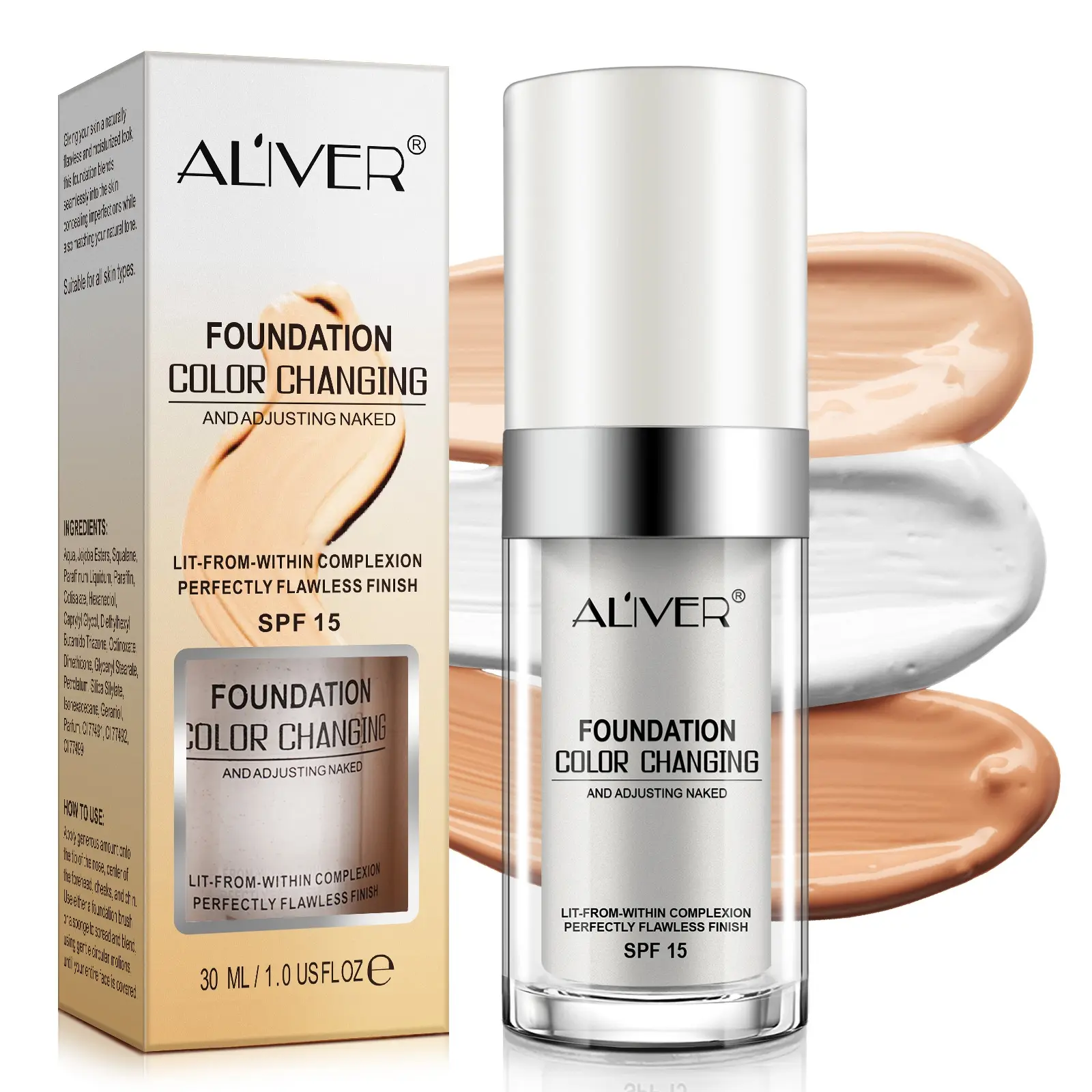 Aliver Color Changing Affordable Moisturizing Makeup Foundation 30ML, Hydrating Flawless Coverage, Hydrating Glossy Concealer, Natural Skin Tone, Long Lasting Matte Finish, Suitable for Fair Skin