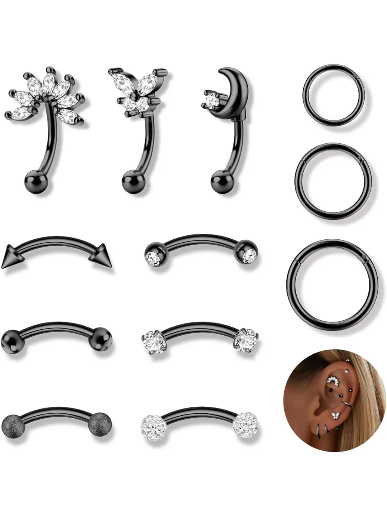 12pcs 16G Rook Piercing Jewelry Eyebrow Rings Stainless Steel Belly Lip Ring Nose Piercing Jewelry Spiral Nose Ring Cartilage Hoop Rook Daith Earrings Tragus CZ Body Piercing Curved Barbell