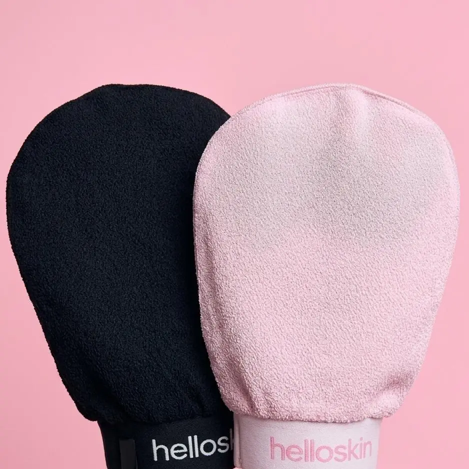 HelloSkin 2-Piece Pink & Black Exfoliating Glove Set, Bath Accessories for Personal Shower Use - Softens Dry Skin, Removes Stubborn Tans, Reduces Ingrown Hairs, Vegan, Cruelty-Free