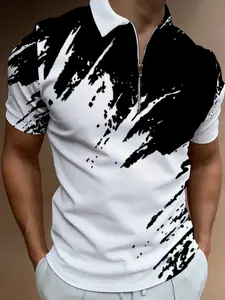 Men's Black & White Splash Ink Printed Short Sleeve Polo Shirt, Casual Fashion Trendy Top, New Summer Lapel Style