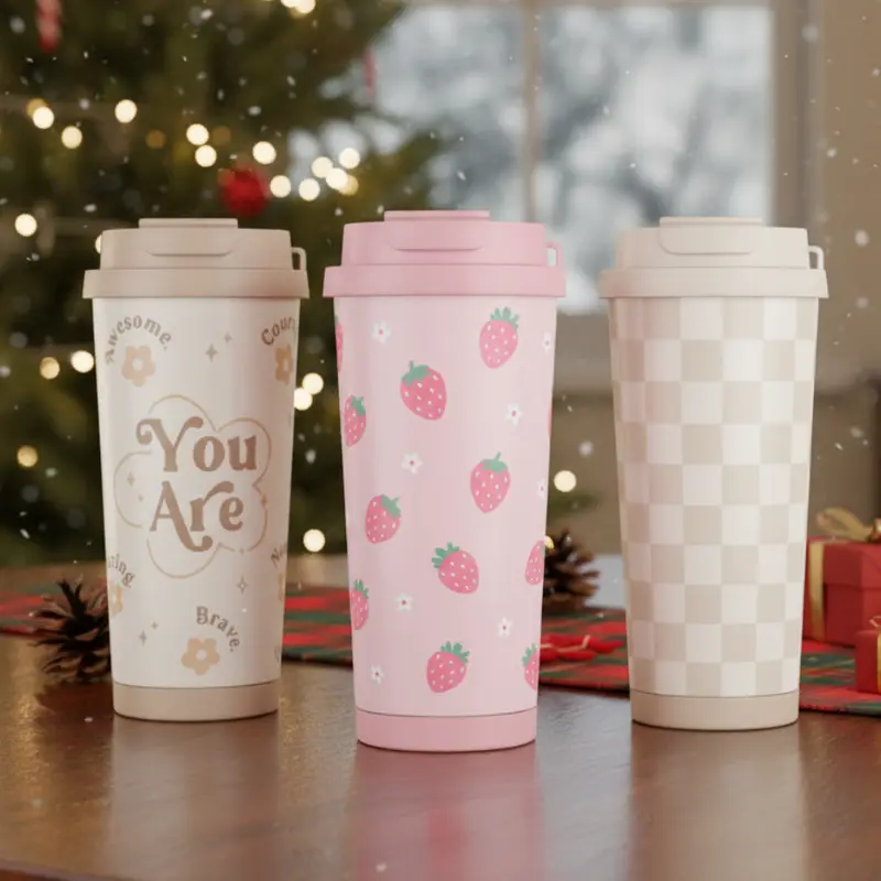 Sandjest 18oz Insulated Stainless Steel Coffee Tumbler, Reusable Iced Coffee Cup, 2-in-1 Lid Portable Travel Mug for Office Outdoor Christmas Gift