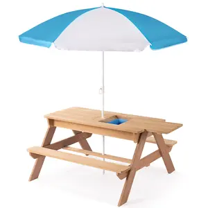 Dreamzon 3-in-1 Kids Outdoor Wooden Picnic Table With Umbrella, Convertible Sand & Wate, Gray ASTM & CPSIA CERTIFICATION Folding Furniture