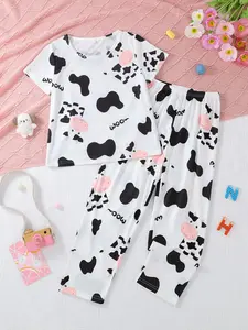 Girls' Sleepwear Set, Round Neck Pajamas, Casual Round Neck Short Sleeves & Elastic Waist Pants, Fire Retardant Knit Fabric, All-Season Wear