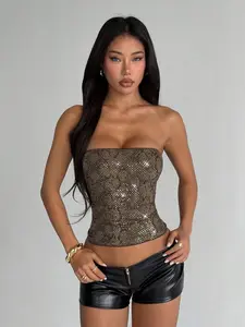 Womens Leopard Print Sequin Tube Top Strapless Slim Fit Crop Top Y2K Party Club Summer Cami
