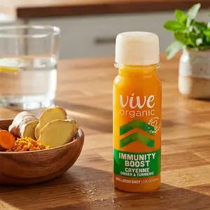 Vive Organic Immune Support Shot, Cold-Pressed Ginger, Turmeric & Cayenne, Gluten Free, Vegan, Immunity Boost Cayenne, 2 Fl Oz