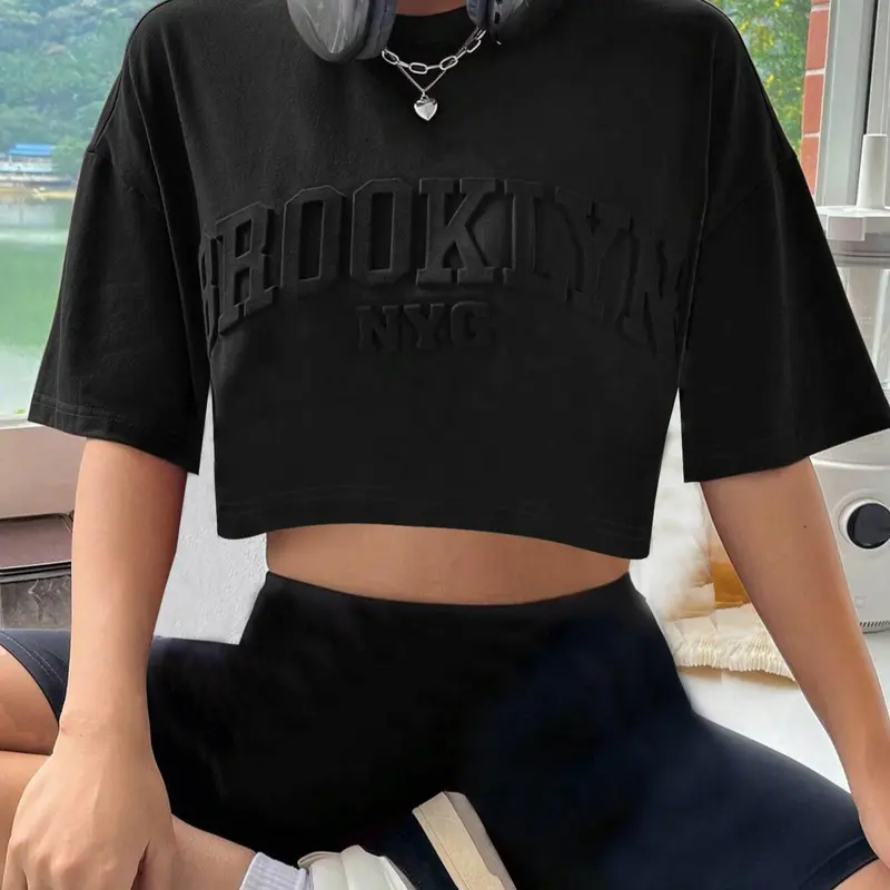 Women's Letter Print Drop Shoulder Casual Fashion Loose Crop Tee Top, Casual Aesthetic Streetwear Half Sleeve Round Neck Jersey Fabric Stretchy Statement T-Shirt for Daily Wear, Ladies Clothes for All Seasons, Womenswear