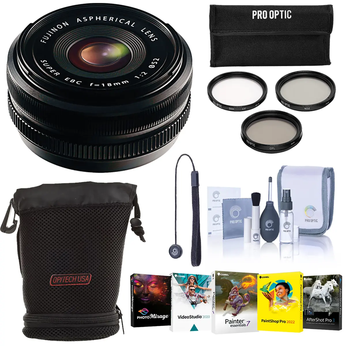 Fujifilm XF 18mm f/2.0 Lens, Bundle with 52mm Filter Kit, Cleaning Kit, Lens Wrap, Lens Case, Lens Cap Tether and Software Kit