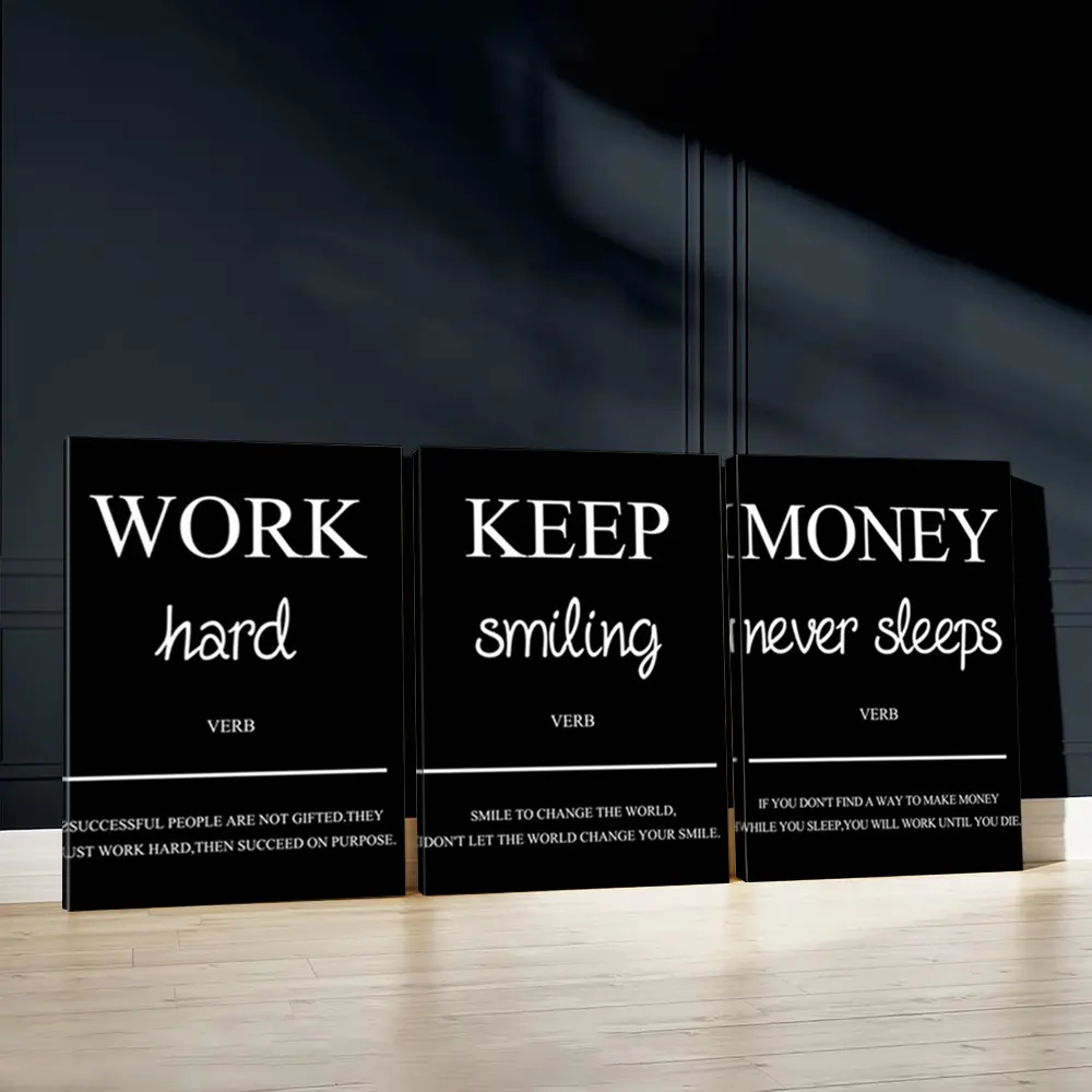 3pcs Work Hard Wall Art, Keep Smiling Poster, Motivational Art Prints, Inspiring Home Decor, Modern Wall Paintings, Cozy Canvas Posters Wall Arts, Decor for Living Room, Restaurant, Kitchen, Bedroom, Housewarming Gift, With Frame