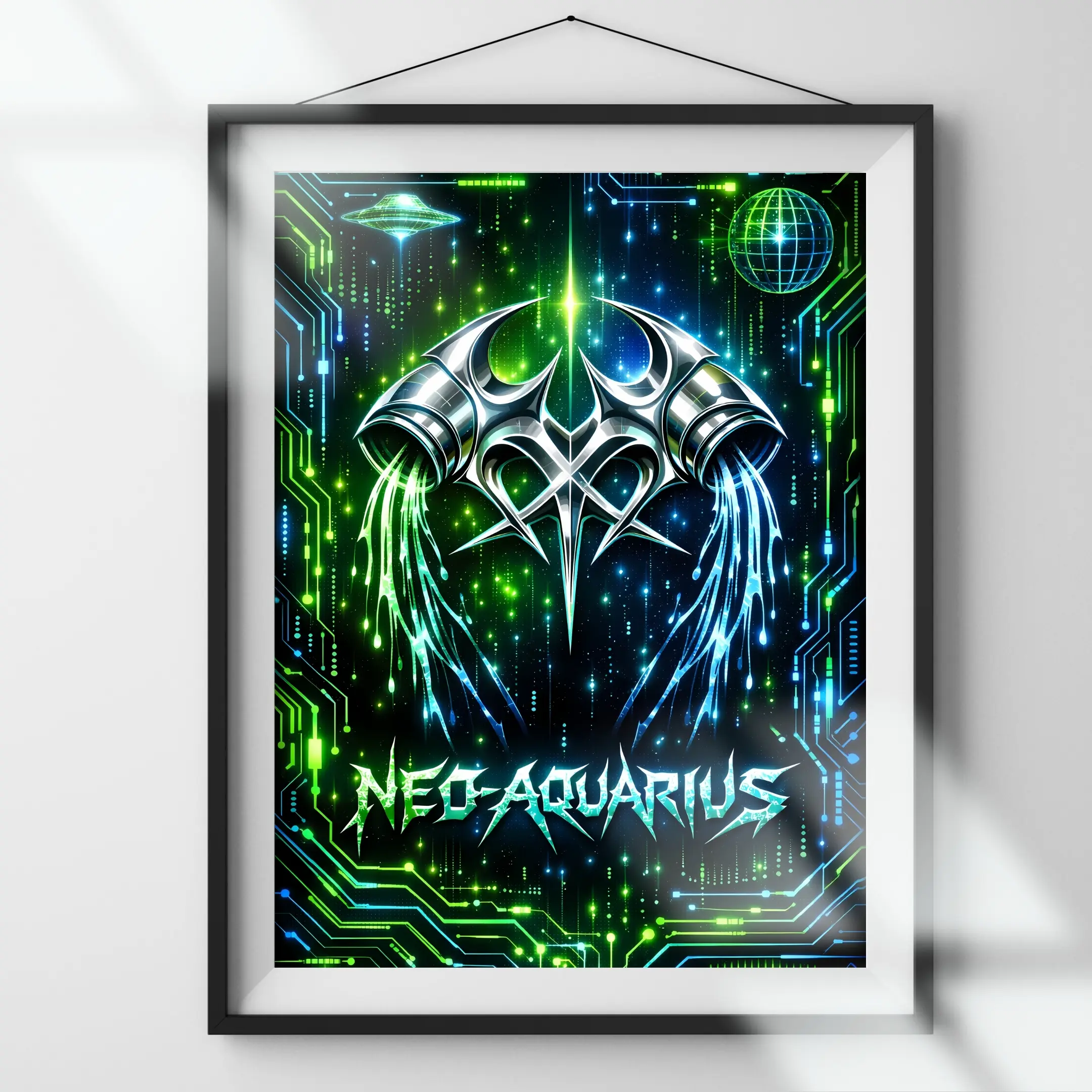 Neon Aquarius Zodiac Poster | Futuristic Astrology Wall Art