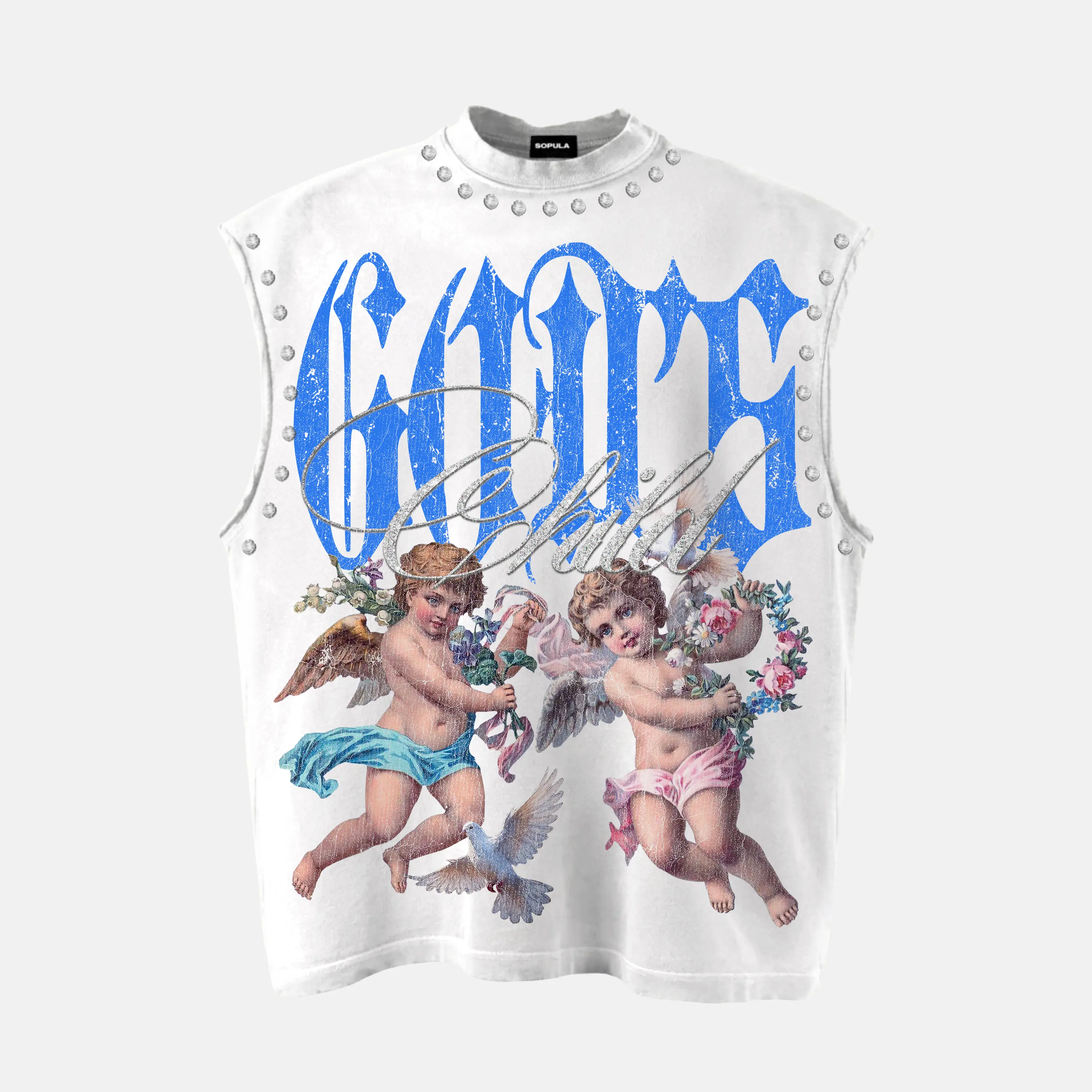 Sopula Studio Menswear Sleeveless Tank Undershirt - Streetwear Men's Top with God's Child Retro Flowers Angel Graphic Rhinestones, Loose