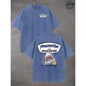 Shark Surfing Pattern Men's Summer Crew Neck Short Sleeve T-Shirt, Unisex, 230G Washed Cotton, High-Quality Double-Sided Print, Comfortable Fashion Retro Street Style, Ideal for Outdoor Sports, Beach Travel & Leisure, Perfect Gift