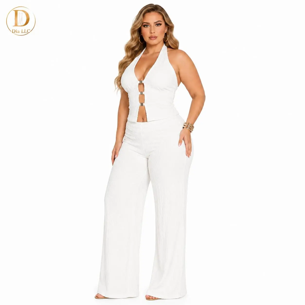 Textured Halter Neck 2 Piece Pants Set, Cut Out Crop Top Wide Leg Pants Outfit, Elegant Summer Matching Set