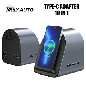 Truly Auto 10-in-1 USB-C Docking Station: Wireless Charging, PD100W, 4K HDMI, SD/TF Slots, Gigabit Ethernet, USB3.0, 3.5mm Audio