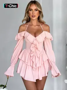 Women's Plain Off Shoulder Long Sleeve Ruffle Halter Neck Fitted Vintage Romper, Back To School Outfits Womenswear, Lady Summer Clothes, Sexy Flounce Sleeve Romper for Spring & Fall, Holiday Outfits 2024
