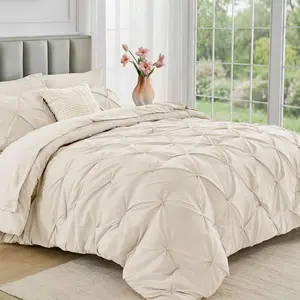 King Size Comforter Set 7 Pieces - Bed in a Bag King for All Season, Pintuck Bedding Comforter Sets with Comforter, Flat Sheet, Fitted Sheet and Pillowcases & Shams, Beige