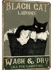 Vintage Black Cat Metal Tin Signs Laundry Wash and Dry Funny Aluminum Sign Retro Wall Decor for Laundry Room Washroom Bathroom 8×12 Inch HD Printing Easy Installation