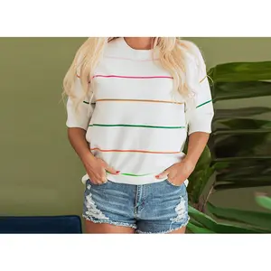 Women's Colorful Striped Print Breathable Sweater, Casual Short Sleeve Round Neck Jumper for Daily Wear, Ladies Knitwear for Spring & Fall, Lightweight Womenswear, Striped Accent Pullover