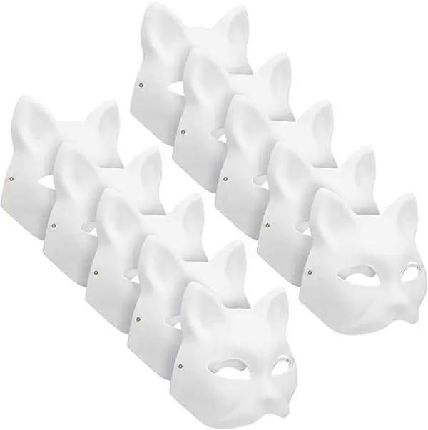 10PCS Cat Masks Therian Mask White Blank Animal Mask Base Halloween Costume Masquerade for Holiday Party