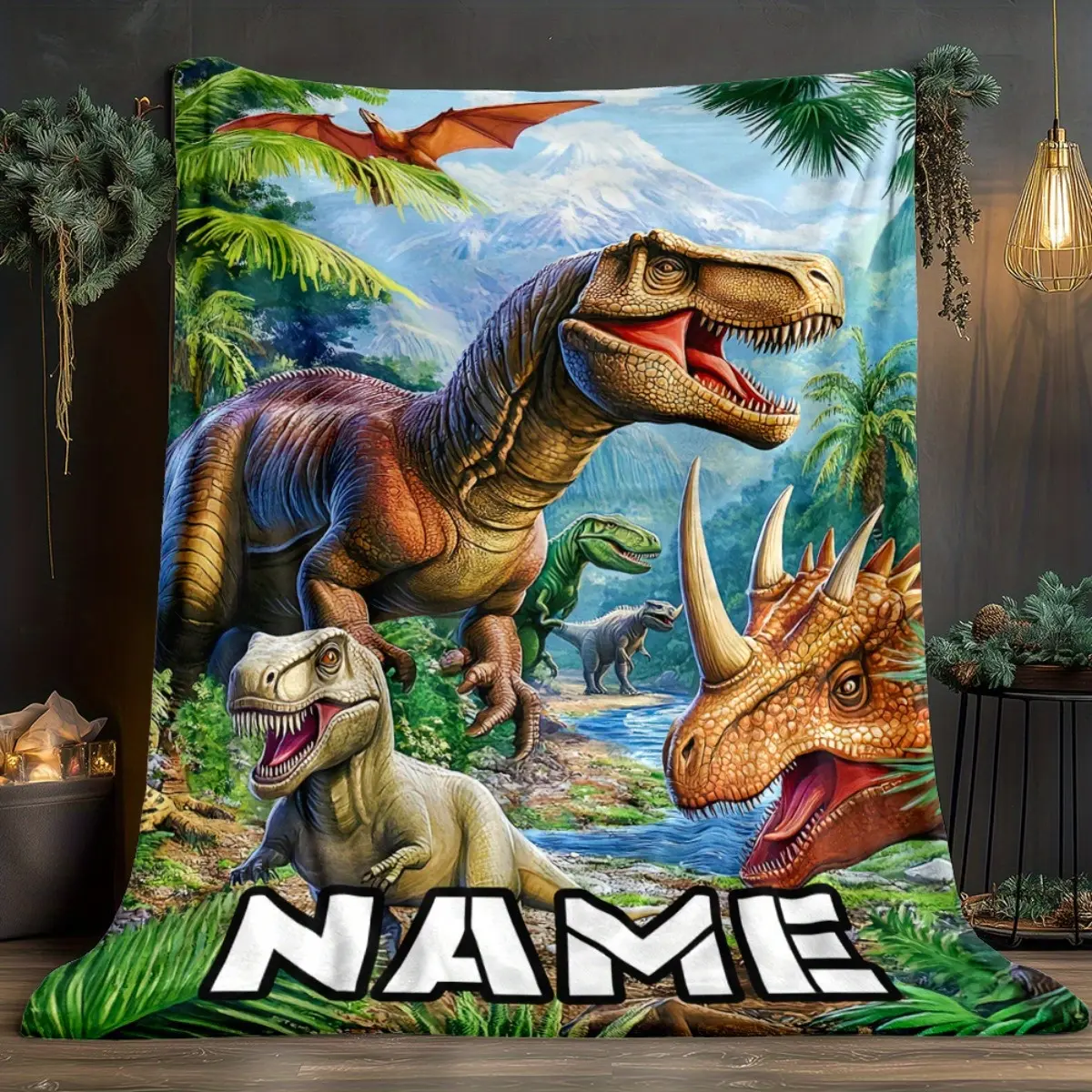 Personalized Dinosaur T-Rex Print Throw Blanket - Custom Name Prehistoric Jurassic Themed, Skin-Friendly Fabric, Fluffy Texture, Wrinkle-Resistant, Lightweight, Anti-Pilling, Washable, Multi-Size All-Season Bedding for Child's Room, Traditional Decor