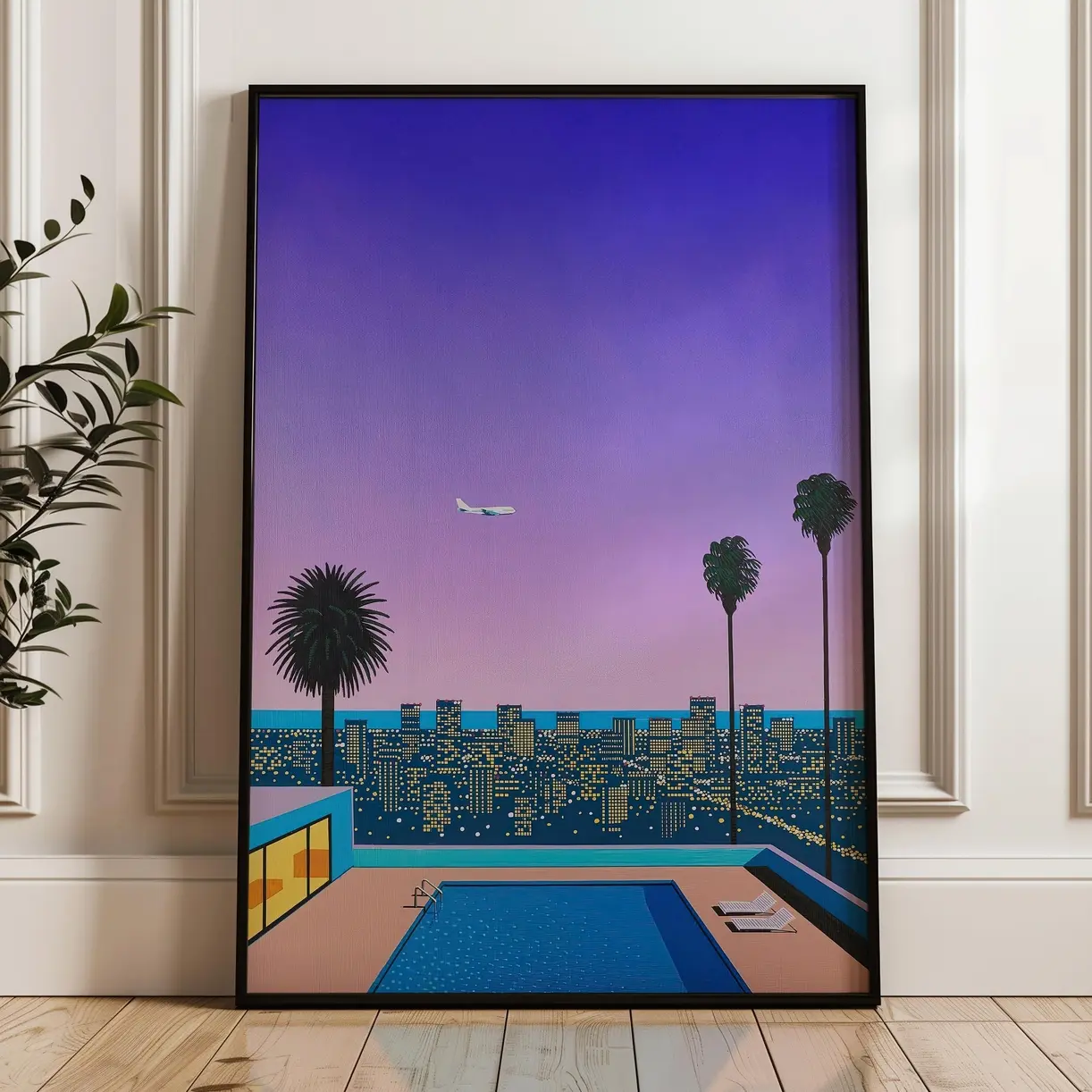 Cityscape And Poolside, Hiroshi Nagai Wall Art Print, Japanese City Pop Poster