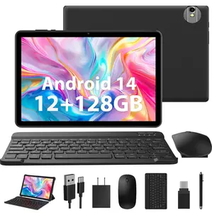 POWMUS 10 Inch Android 14 Tablet, Quad-Core Processor, 2-in-1 Tablet Bundle with Bluetooth Keyboard, Mouse, Case, Stylus, 5G WiFi, 8000mAh Battery, Wireless, Digital, Portable Computer for Students & Work - Black