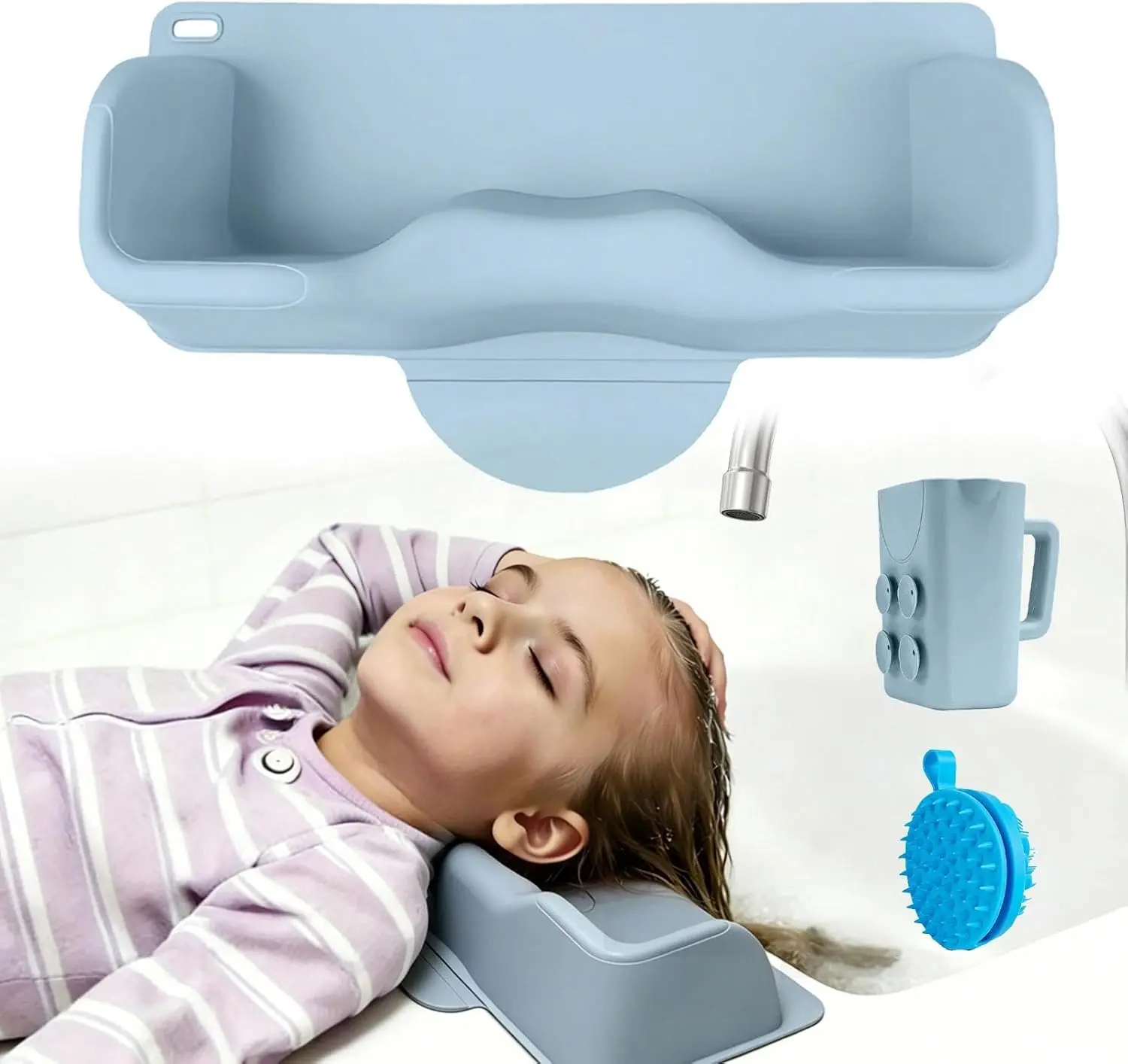 Hair Station for Kids - with Rinse Cup & Scalp Massager| Shampoo Bowl for Sink or at Home, Hair with Neck for Adults and Elderly Blue