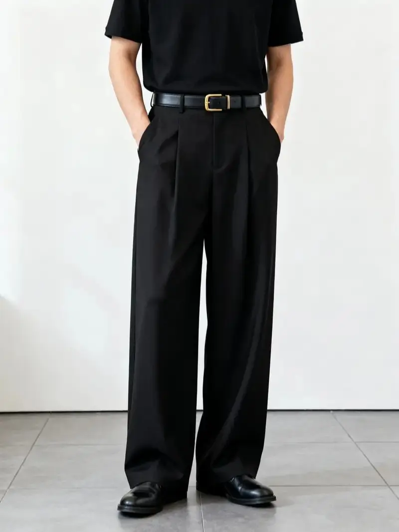 Men's Loose Straight-Leg Pleated Polyester Dress Pants - Lightweight, Comfortable Fit, Pocket Design, Casual-Business Menswear Solid Color Formal Trousers