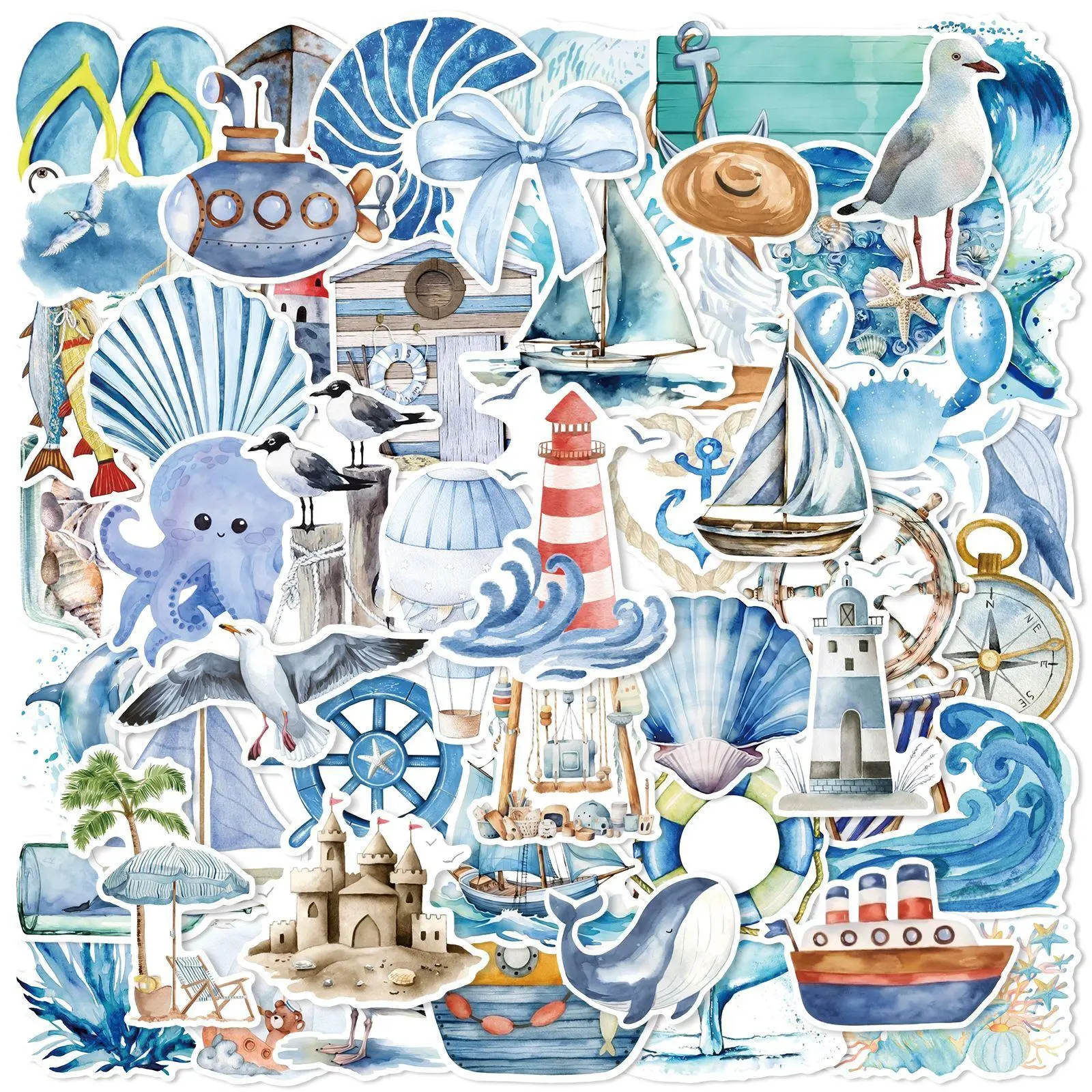 Ocean Themed Sticker, 50pcs/set Waterproof Self Adhesive Decor Paper, Decor Sticker for Gift Greeting Card Water Bottle Laptop Phone Decorative Stickers, Sticker Collage Pack, Stickers Kit