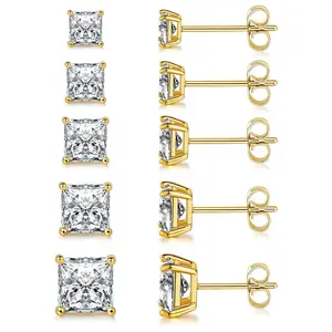 MDFUN Princess Cut Square Clear Cubic Zirconia Stud Earrings Pack of 5 Pairs, Hypoallergenic Unisex Earrings, Everyday Wear, Christmas Gift Idea