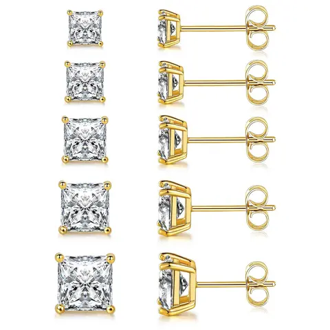MDFUN Iced Out Princess Cut Stud Earrings Set, 5 Pairs Cubic Zirconia Earrings for Women & Men, Hypoallergenic Daily Wear Jewelry