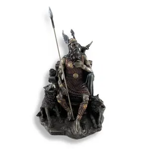 Bronzed Norse God Odin on Throne with Ravens and Wolves Statue