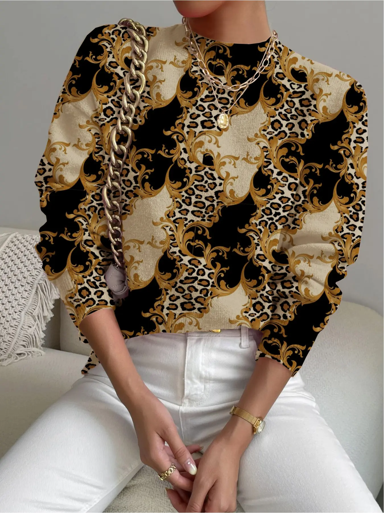 Women's Leopard Print Stand Collar Sweater, Fall Winter Casual Long Sleeve Knitwear, Comfortable Warm Daily Wear, Elegant Fitted Top