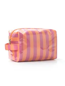 Orange & Purple Stripe Glossy Makeup Bag, Waterproof PVC Cosmetic Pouch with Portable Handle, Versatile Travel Toiletry Bag for Women & Girls, Cute Aesthetic Storage Bag