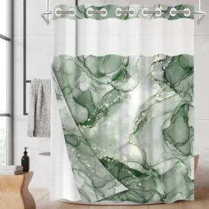 1PC 2D Flat Luxury Green Gold Ink Marble Shower Curtain, Fluid Texture Design, Waterproof Detachable Liner Bathroom Curtain (No Hooks) Abstract Shower Curtain