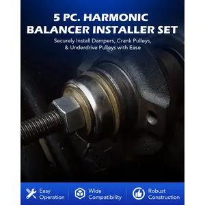 Harmonic Balancer Installer Set, 5pc Long Reach Crank Pulley Underdrive Pulley Damper Installation Tool Kit with 4 Adapters & Nut Bearing