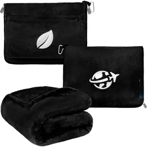 Travel Blanket and Pillow, Arms Opening Airplane Blankets for Adults, Compact Plane Blanket with Arm Hole 2-in-1 Bag for Flight  Camping Fit in Luggage Backpack Traveler , Black