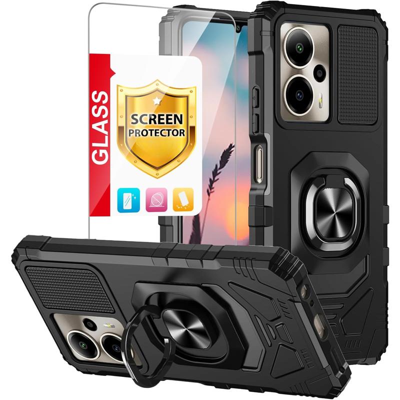 Compatible with Cricket Outlast 5G 2024 Case, AT&T Motivate Pro 5G Case, with Tempered Glass Screen Protector, Metal Ring  Support Kickstand Heavy Duty Drop Protection Phone Case (Black)