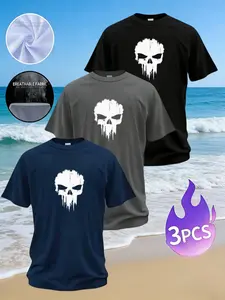 3-Pack Skull Print T-Shirts for Men, Summer Loose Fit Short Sleeve, Breathable Casual Top, Geometric Pattern, All-Season Wear