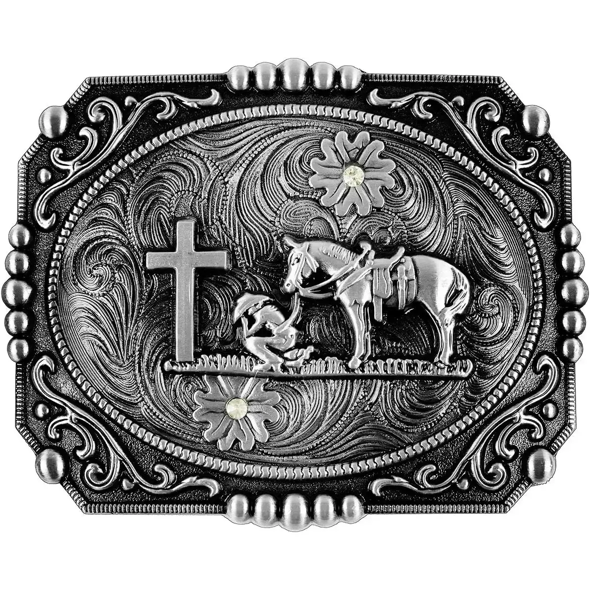 Western Belt Buckle, Rugged Zinc Alloy Design with Kneeling Cowboy and Cross Horse Prayer for Men and Women, Standard Size for 1.5 Inch Belts, Gift Ready