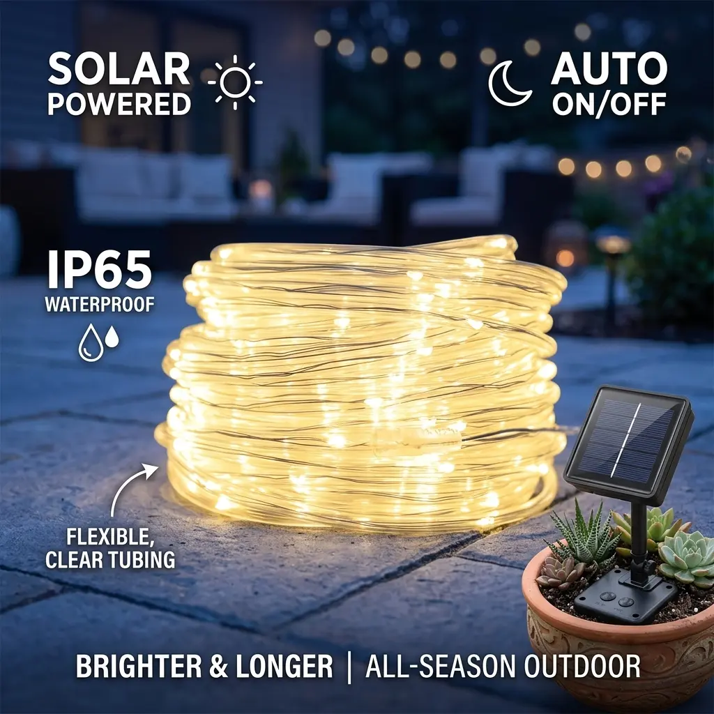 Solar Rope String Lights - 39FT 100 LED Waterproof Outdoor PVC Clear Tube, 8-Mode Solar-Powered Copper Wire for Patio, Garden Decor