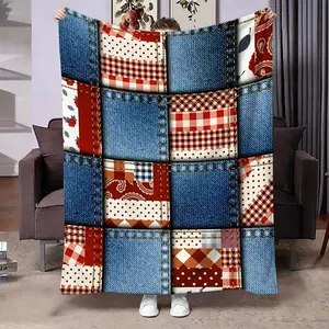 Denim Patchwork Print Blanket, Soft and Comfortable Multi-Scene Casual Throw, Suitable for Bedroom, Office, Sofa, Outdoor, Trendy Gift